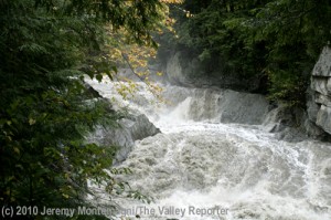 The Warren Falls in surge mode, near Warren, VT, attribution to Jeremy Montemagni as shown on photo.