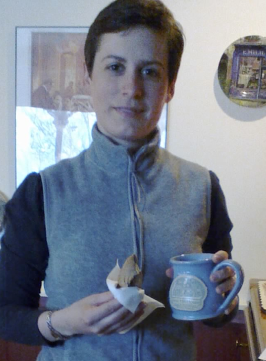 Liz enjoys a homemade biscotti and hansels a brand new mug