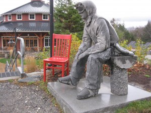 Red Chair socializing with skier at Sugarbush