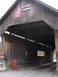 Red Chair at Warren Vermont covered bridge