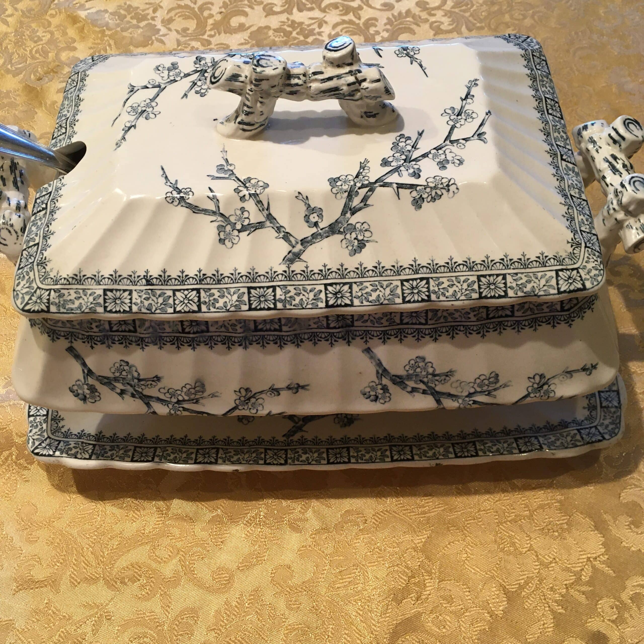 Large, antique blue and white 3 piece soup tureen set.