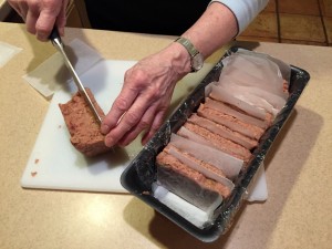 Slicing Lorne sausage ready for second freezing.