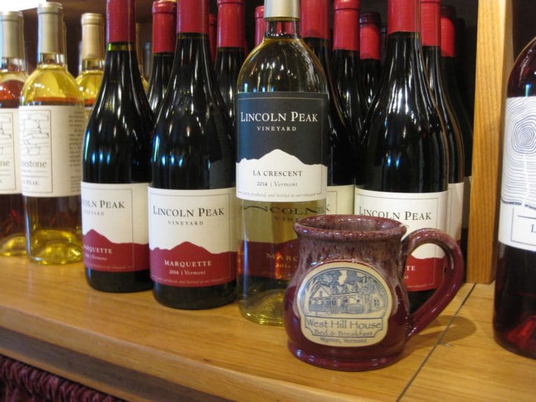 Lincoln Peak Vineyard bottles on display in the tasting room.