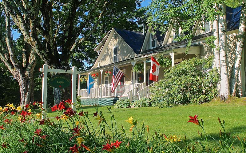 Inn porch with flags