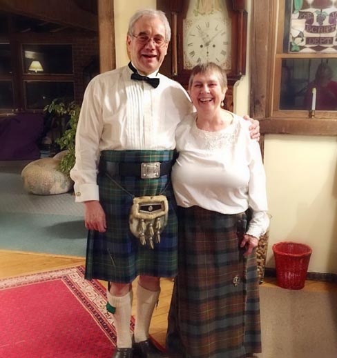 Vermont Innkeepers Peter & Susan MacLaren of West Hill House B&B in Highland Dress