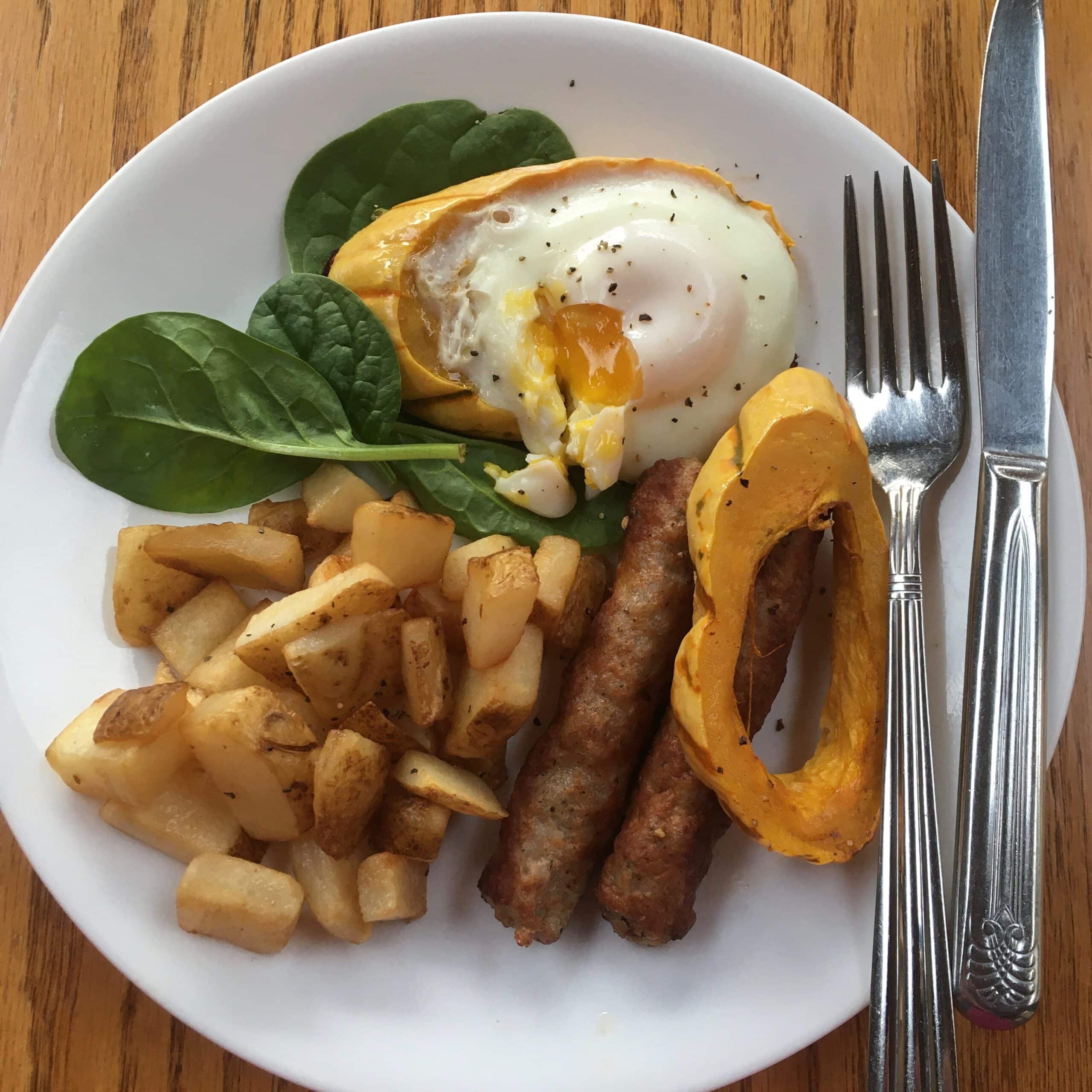 Fresh local spinach, delicata squash, and potatoes all from our CSA.