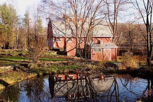 Handsome Red Barn reflected in pond in Stick Season