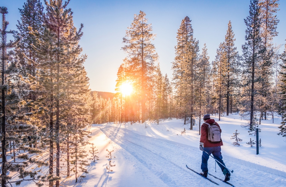 Vermont Cross-Country Skiing, crisp winter day with lone skier gliding through the back woods 