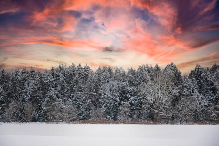 Vermont Tours, winter in Vermont with Clearwater sports, beautiful sunsets and snow covered trees