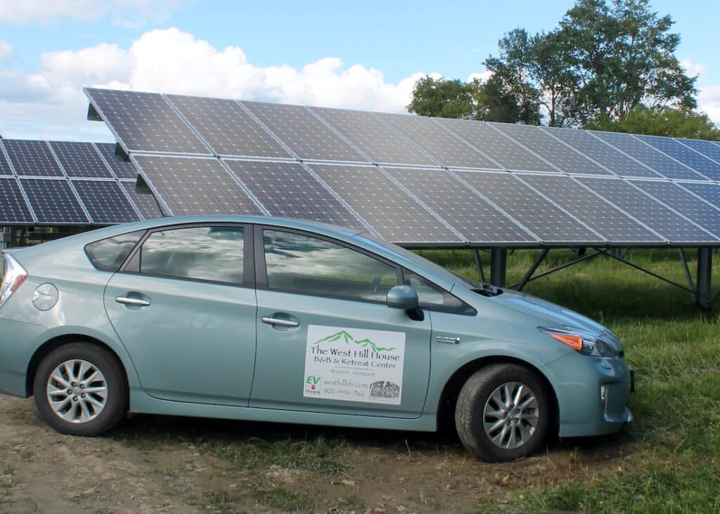 Bed and Breakfast in Vermont, photo of an electric vehicle and solar panels 