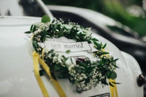 Vermont Honeymoon, photo of a just married sign on a car