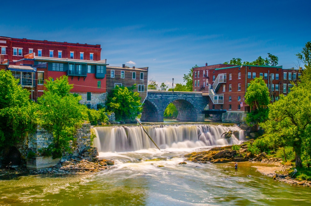 Waterfalls in Vermont, Middlebury Waterfall in the charming village of Middlebury, VT