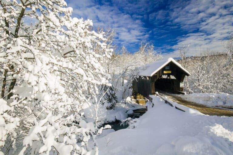 Things to Do in Vermont this winter, snow covered bridge in Vermont