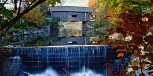 Waitsfield Covered Bridge is stunning with the Vermont fall foliage near our romantic bed and breakfast